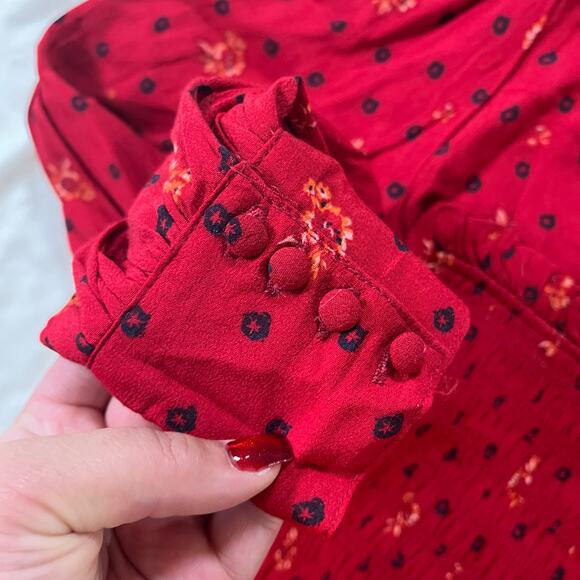 NWT Free People Red Floral Print Smocked Long Sleeve Mini Dress Sz M Cottagecore - Picture 7 of 12